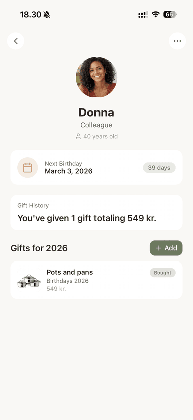 Gift planner overview screen