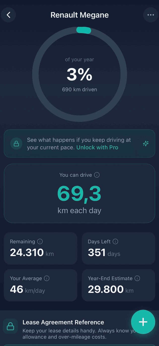 Kilomate mileage logging screen